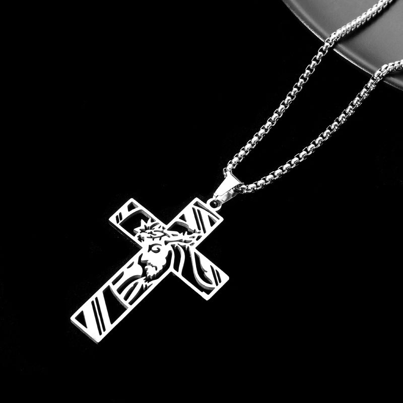 Unisex Hollow Cross Pendant Necklace – Stainless & Titanium Steel Pearl Chain