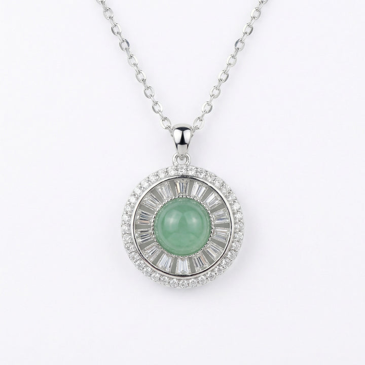 925 Sterling Silver Elegant Round Green Jade Cabochon Pendant Necklace with Sparkling Accents