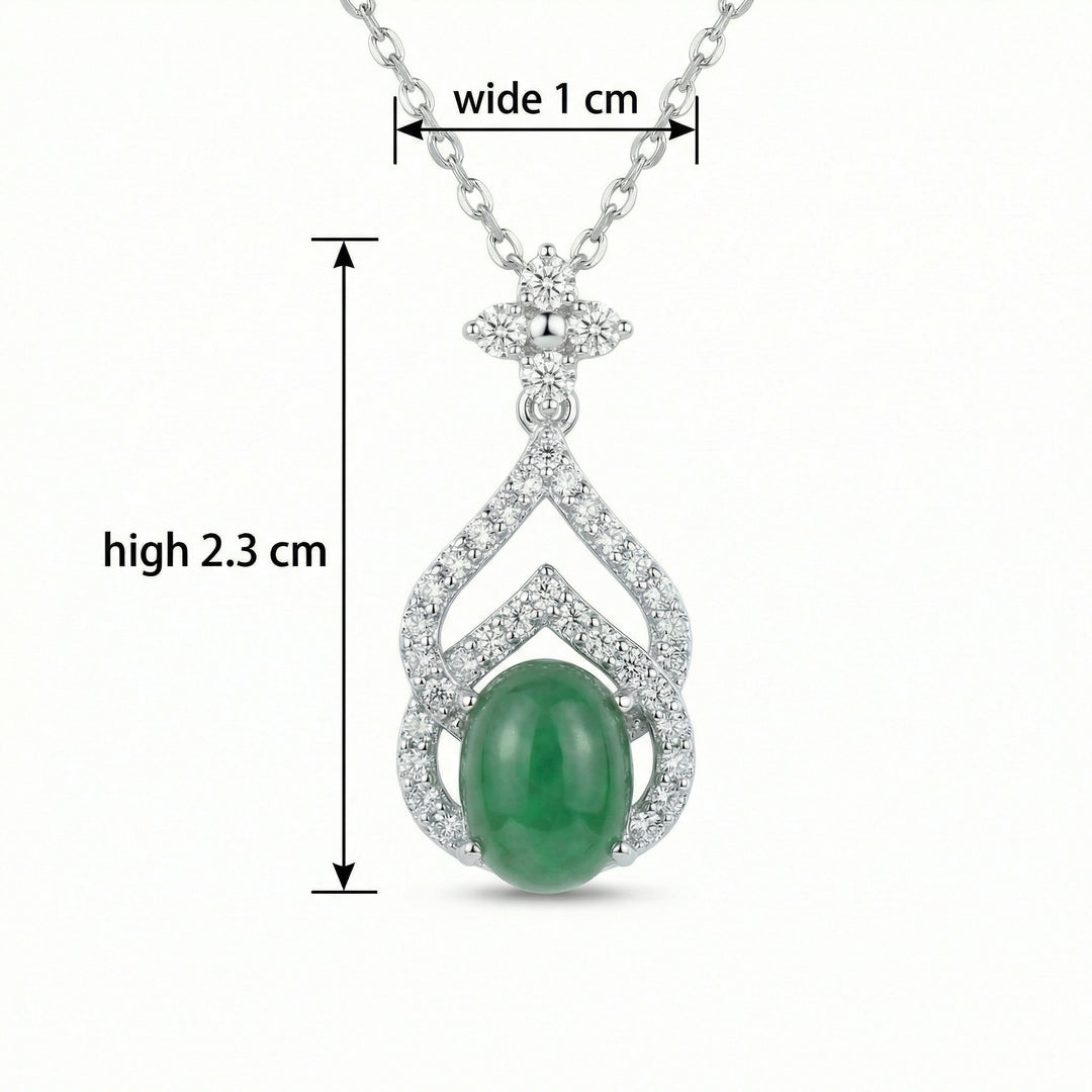 925 Sterling Silver Green Jadeite Teardrop Necklace – Diamond Halo Cabochon Pendant