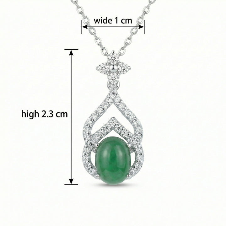 925 Sterling Silver Green Jadeite Teardrop Necklace – Diamond Halo Cabochon Pendant