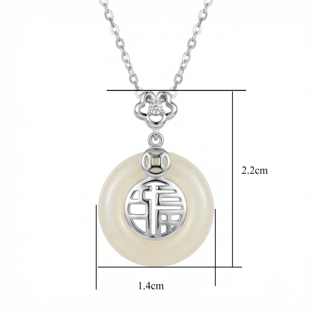 925 Sterling Silver Chinese "Fu" Blessing White Jade Circular Pendant Necklace