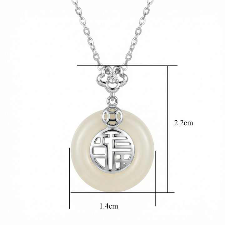 925 Sterling Silver Chinese "Fu" Blessing White Jade Circular Pendant Necklace
