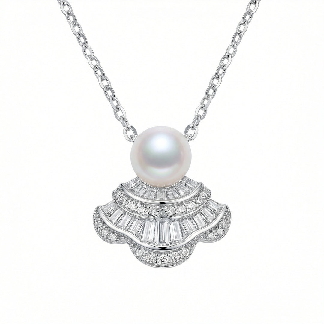 ✨ 925 Sterling Silver Art Deco Fan-Shaped Pearl & Diamond Pendant Necklace ✨