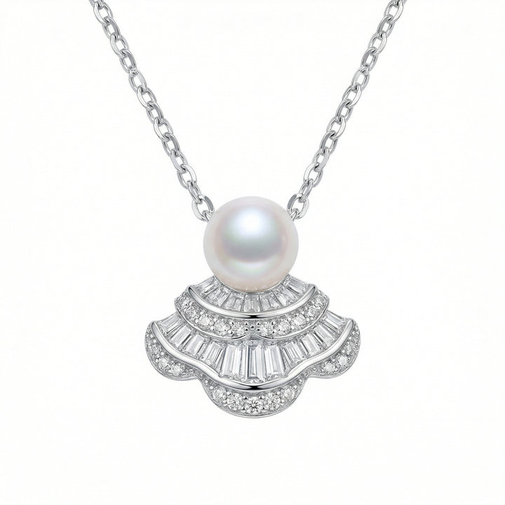 ✨ 925 Sterling Silver Art Deco Fan-Shaped Pearl & Diamond Pendant Necklace ✨