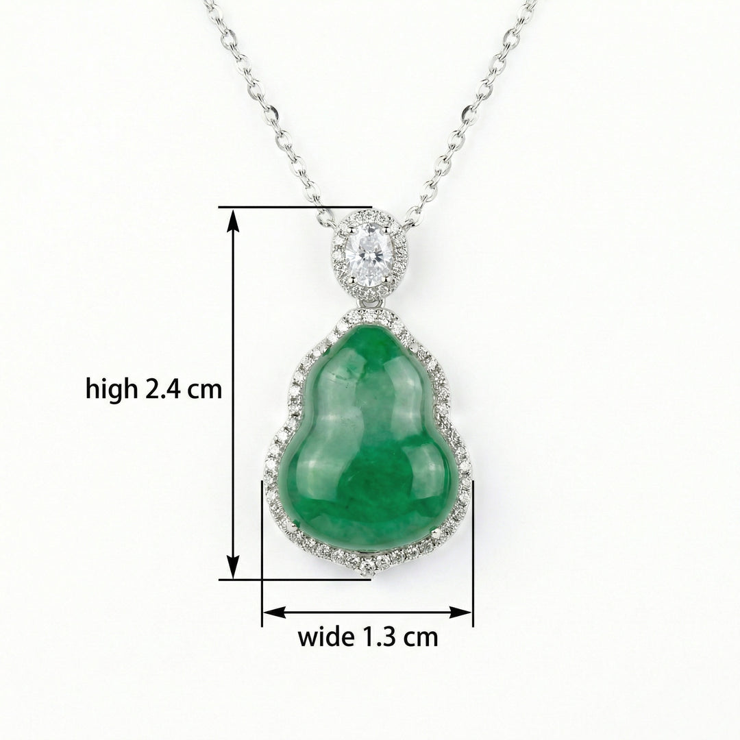 925 Sterling Silver Green Jadeite Hulu Pendant Necklace – Elegant Gemstone Halo Design