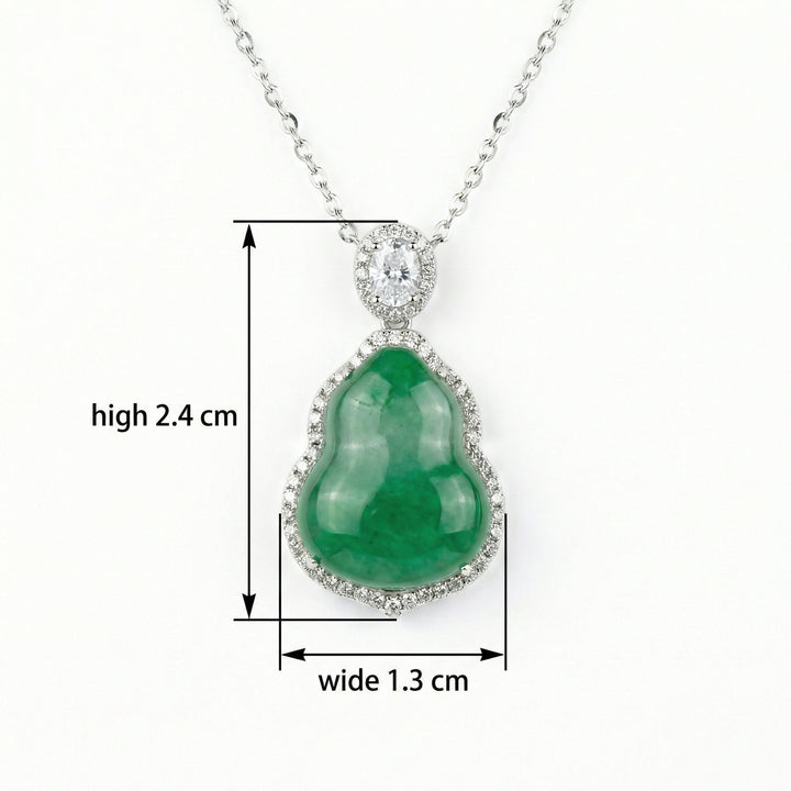 925 Sterling Silver Green Jadeite Hulu Pendant Necklace – Elegant Gemstone Halo Design