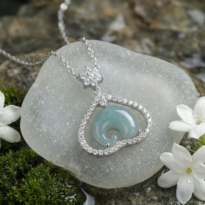 925 Sterling Silver Heart Necklace – Curved Blue Jadeite Pendant with Sparkling Accents