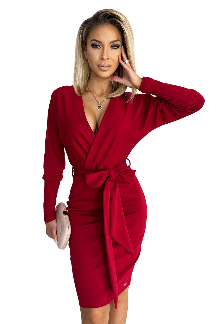 Envelope dress with a neckline on the back - burgundy