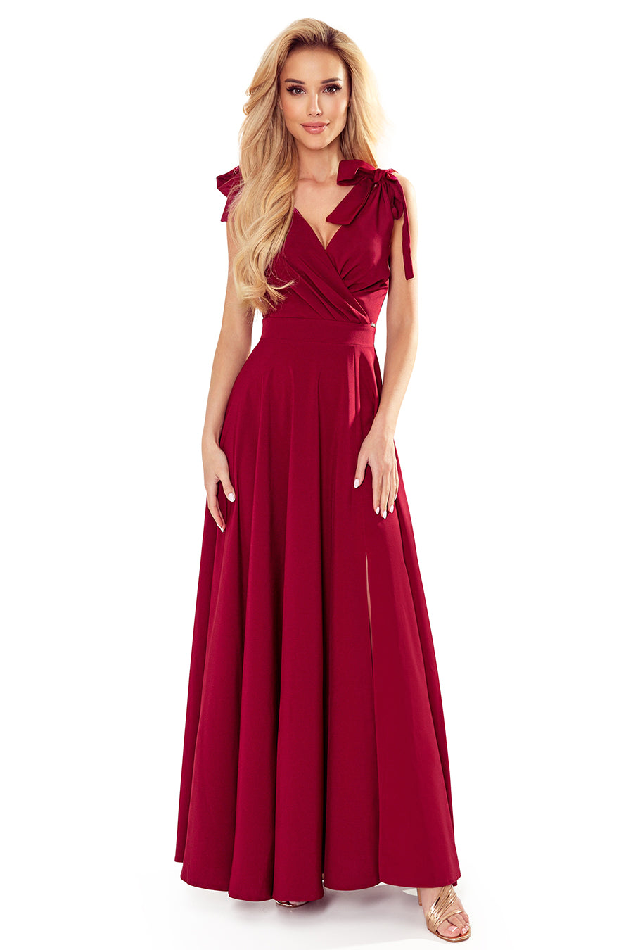 ELENA Long dress with a neckline and ties on the shoulders - Burgundy color