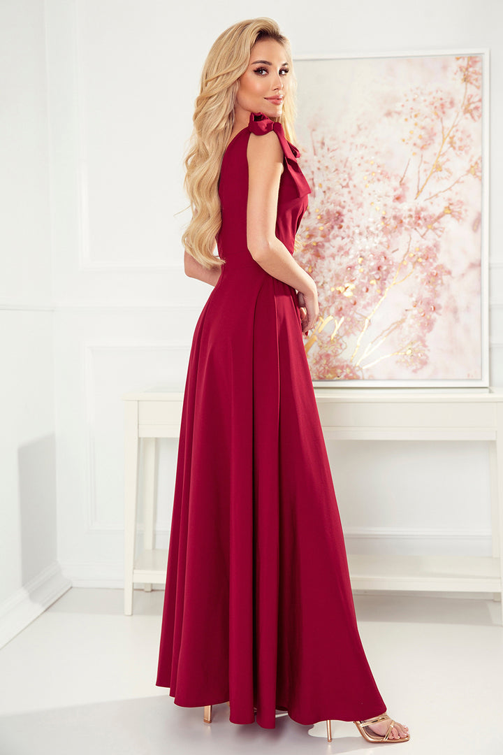 ELENA Long dress with a neckline and ties on the shoulders - Burgundy color