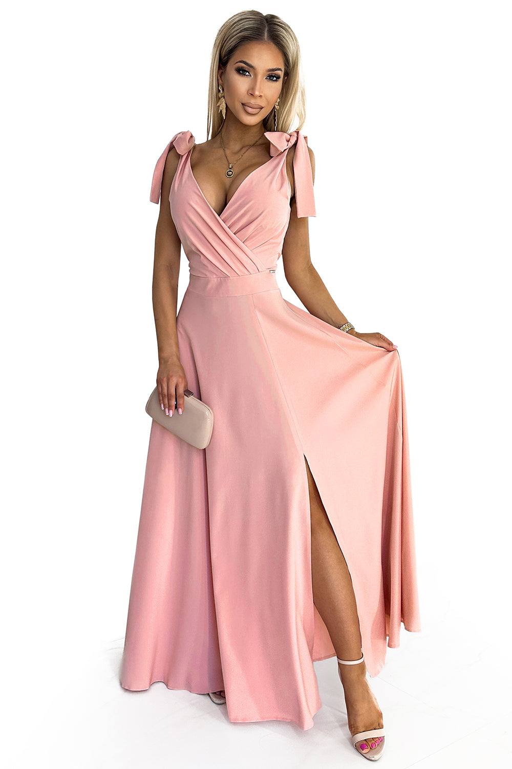 ELENA Long dress with a neckline and ties on the shoulders - dirty pink