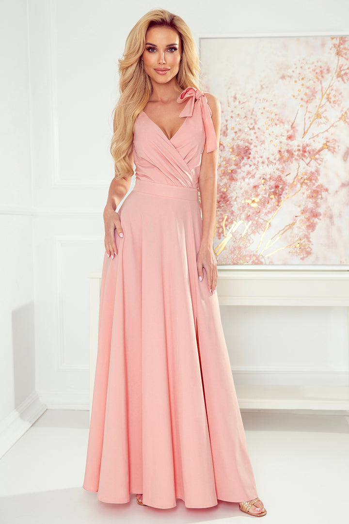 ELENA Long dress with a neckline and ties on the shoulders - dirty pink