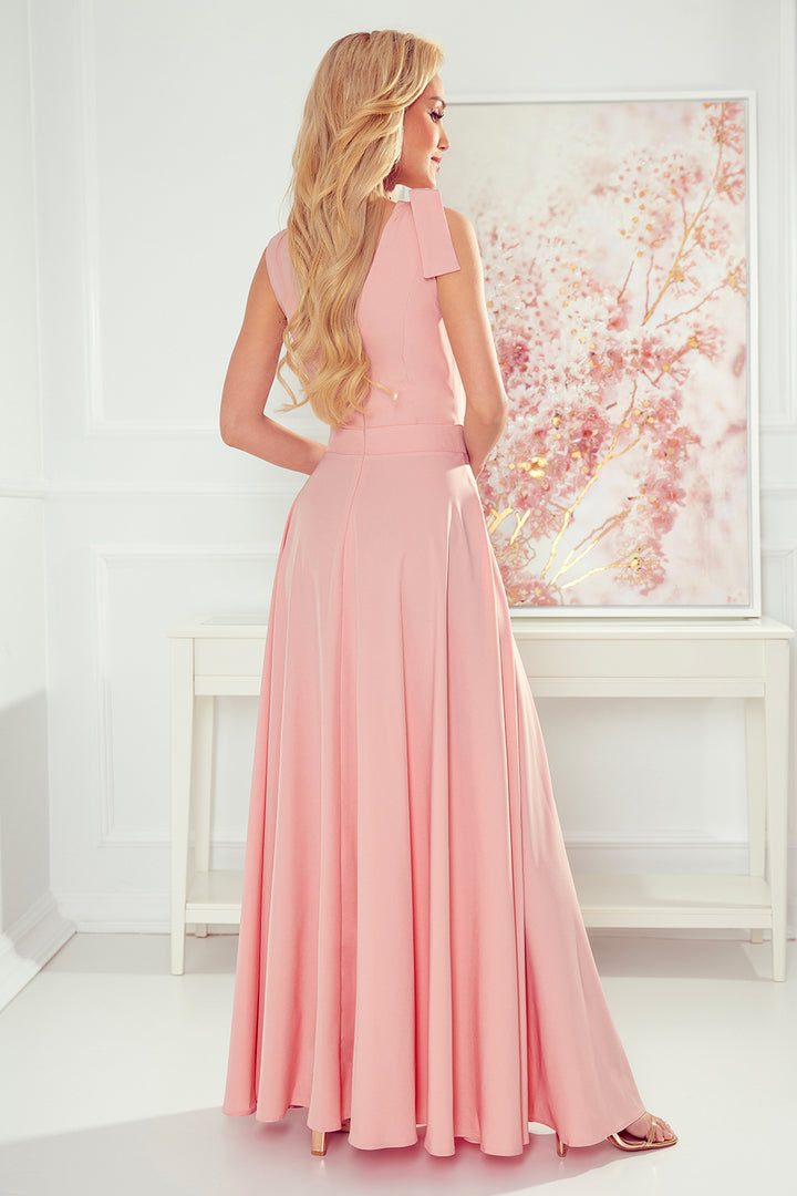 ELENA Long dress with a neckline and ties on the shoulders - dirty pink