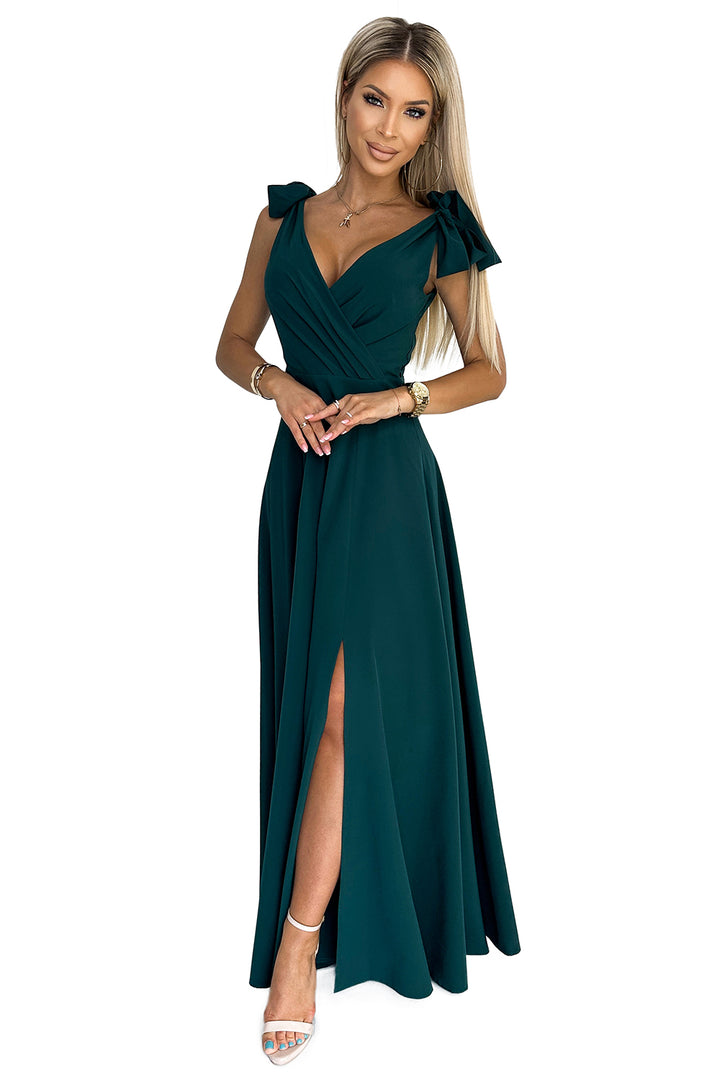 ELENA Long dress with a neckline and ties on the shoulders - GREEN