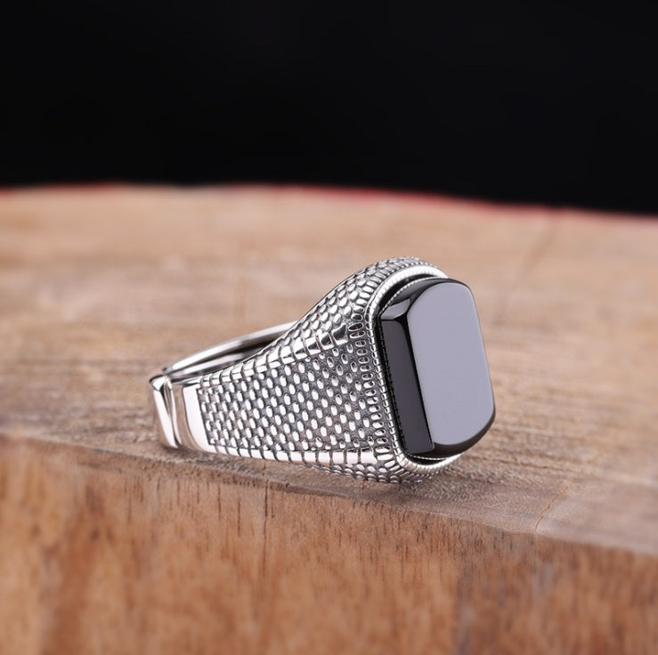 S925 Sterling Silver Black Agate Ring – Elegant Dazzle Statement Jewelry