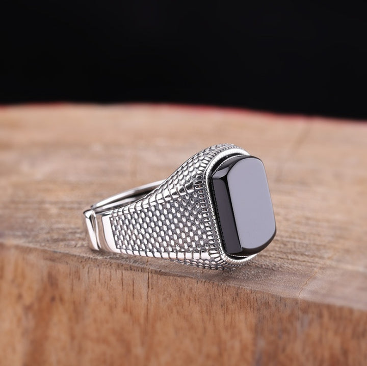 S925 Sterling Silver Black Agate Ring – Elegant Dazzle Statement Jewelry