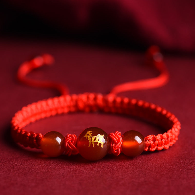 Zodiac Red Rope Bracelet – Natural Red Agate, Handwoven Charm