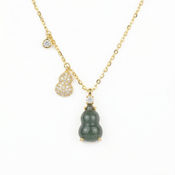 ✨ 925 Sterling Silver Elegant Jadeite Gourd Necklace with Pavé Accents & Sparkling Charms ✨