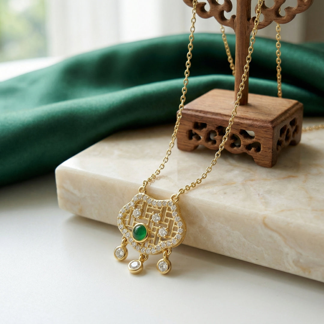 ✨ 925 Sterling Silver Emerald & Diamond Longevity Lock Necklace