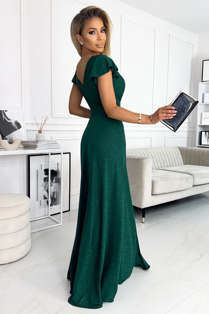 CRYSTAL long shimmering dress with a neckline - green