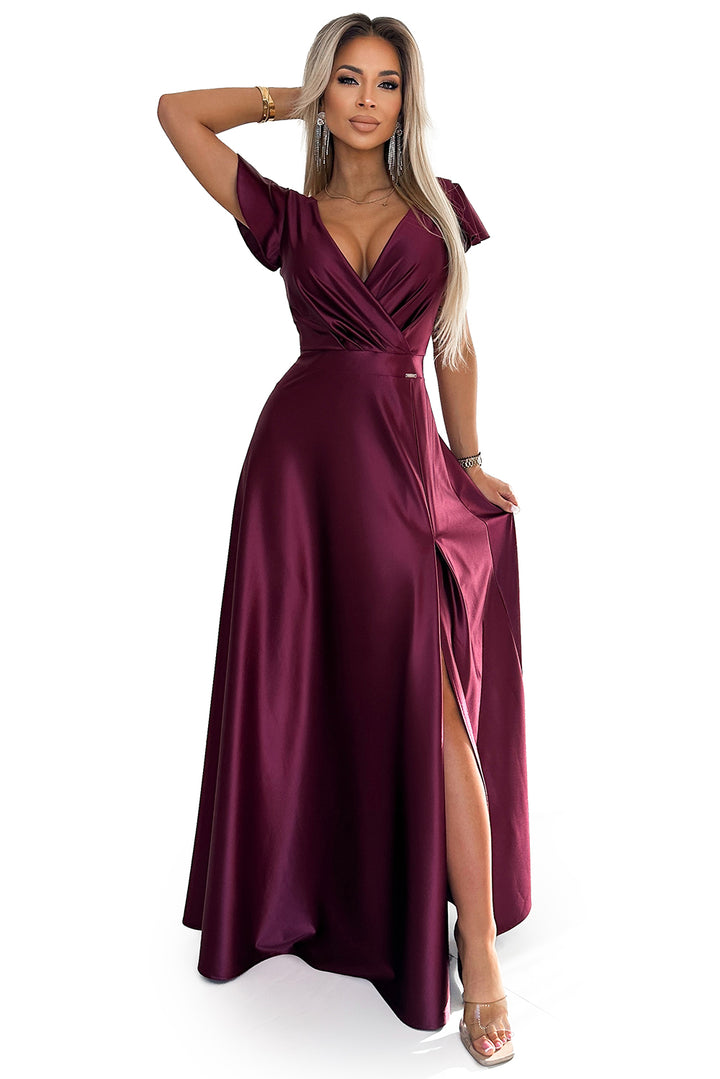 CRYSTAL satin long dress with a neckline - Burgundy color