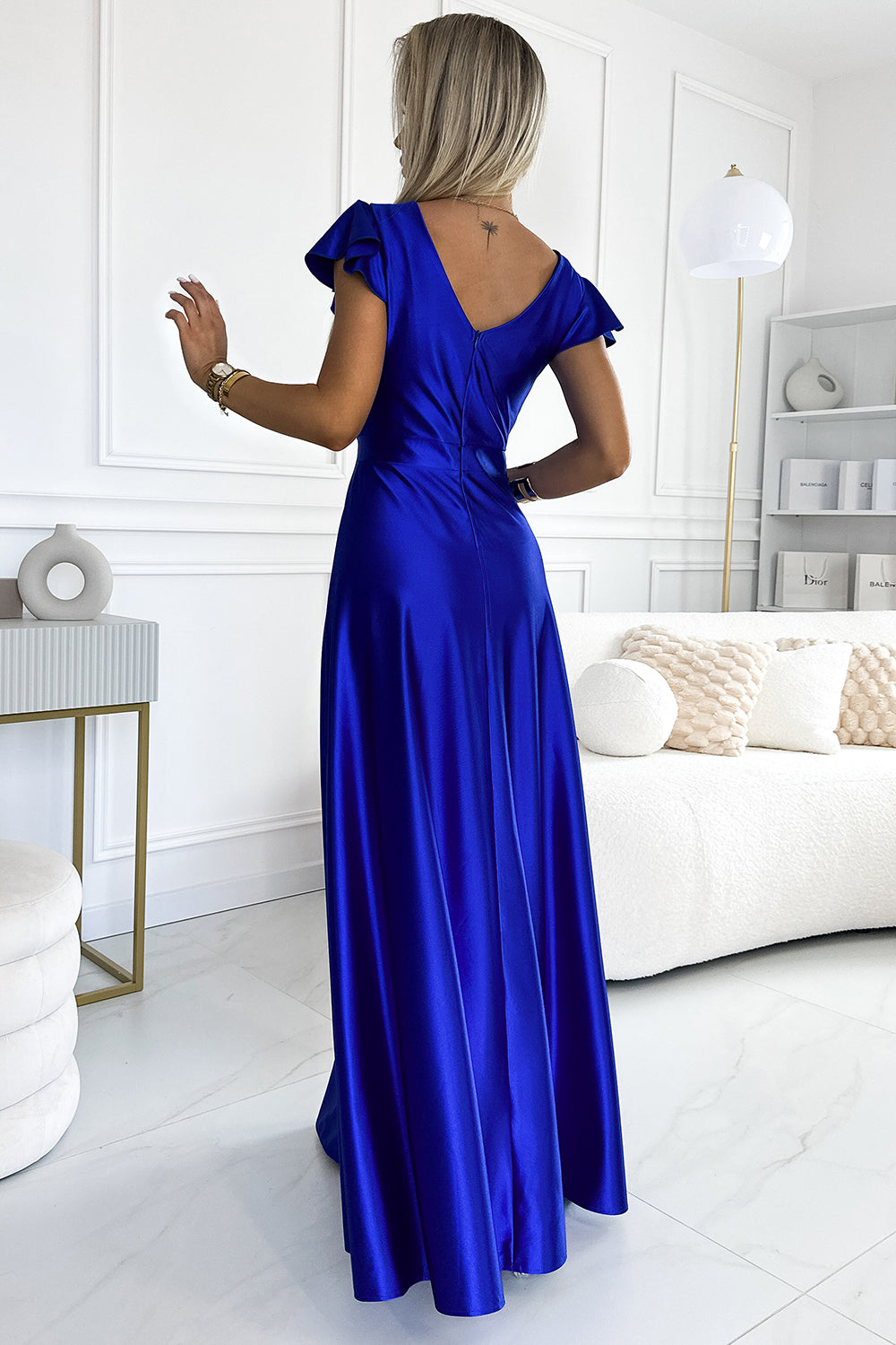 CRYSTAL satin long dress with a neckline - royal blue