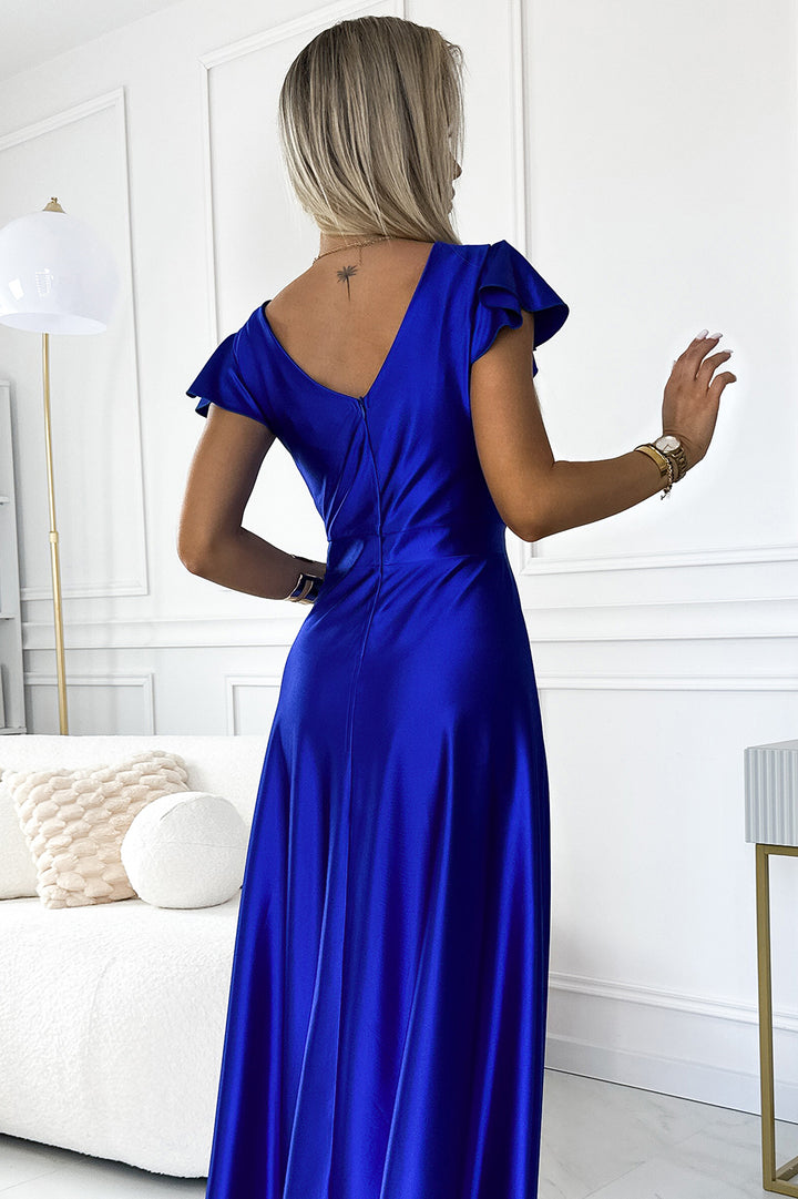 CRYSTAL satin long dress with a neckline - royal blue