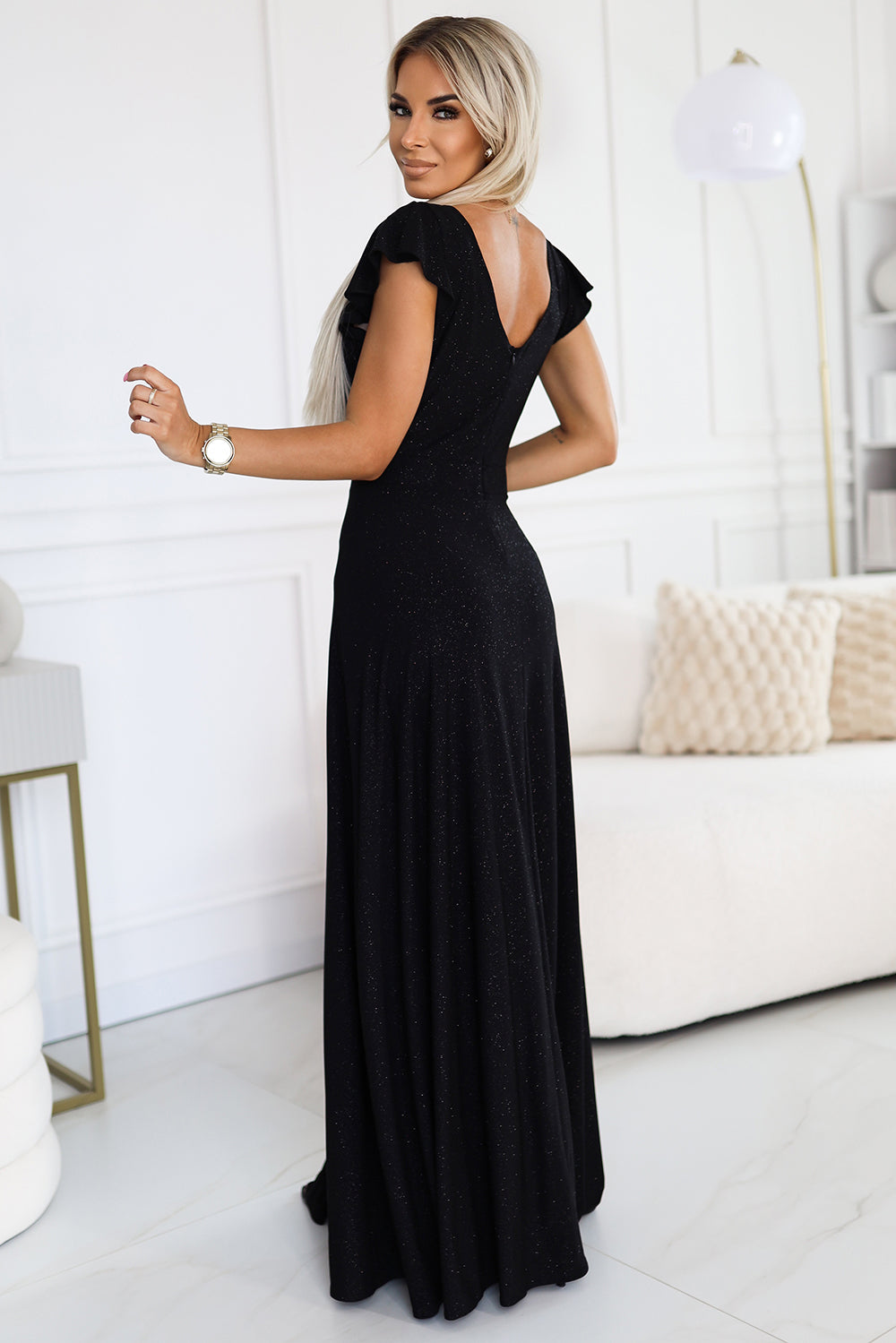 CRYSTAL long shimmering dress with a neckline - black