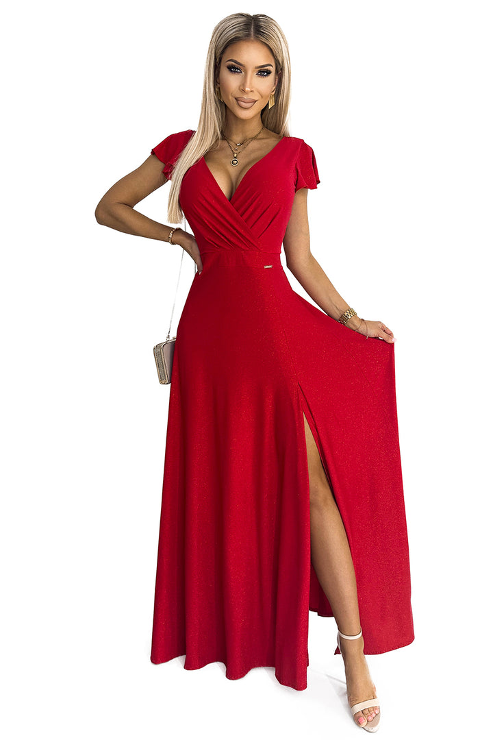 CRYSTAL long shimmering dress with a neckline - red