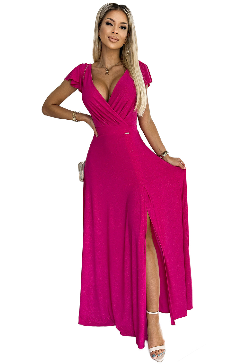 CRYSTAL long shimmering dress with a neckline - fuchsia