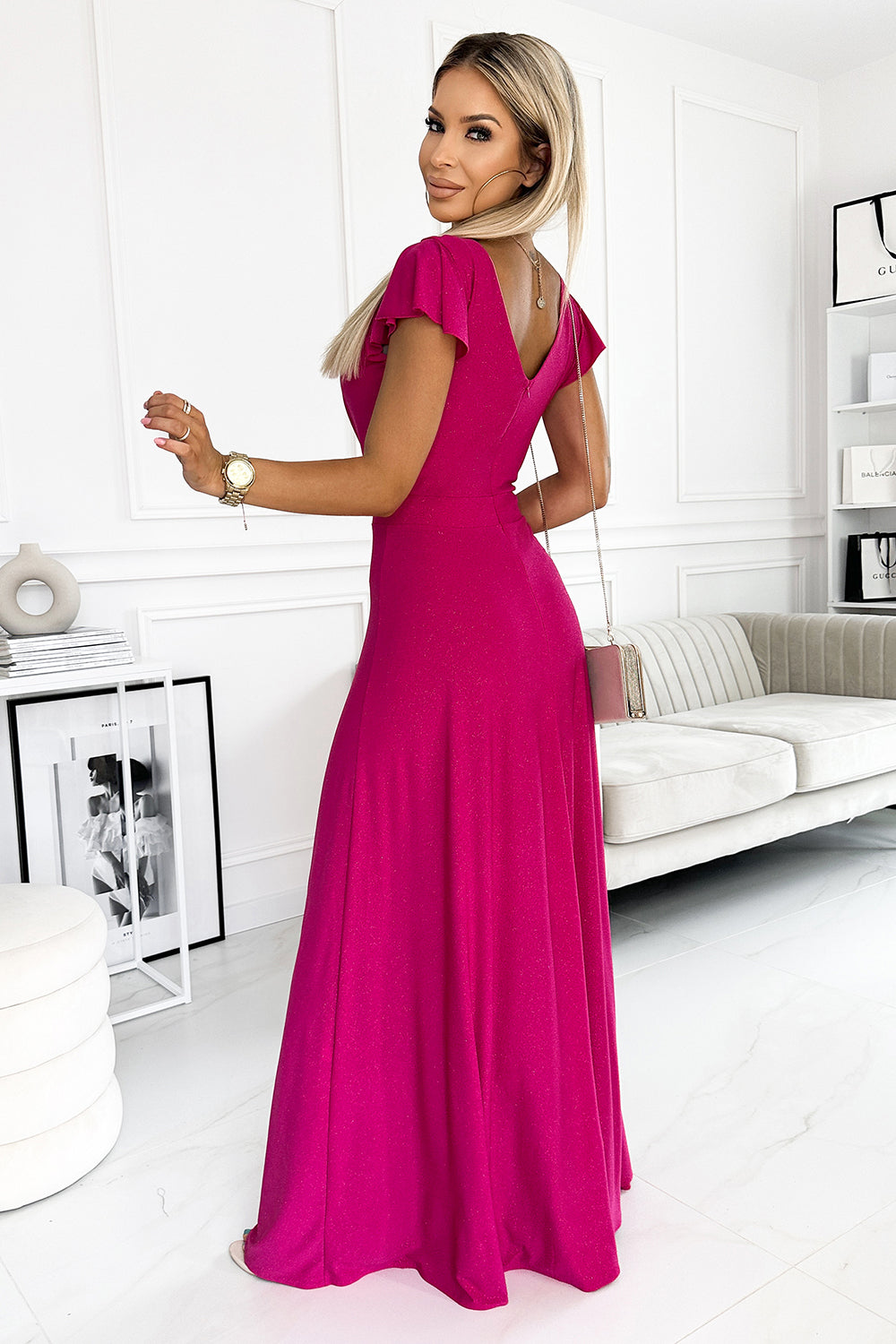 CRYSTAL long shimmering dress with a neckline - fuchsia