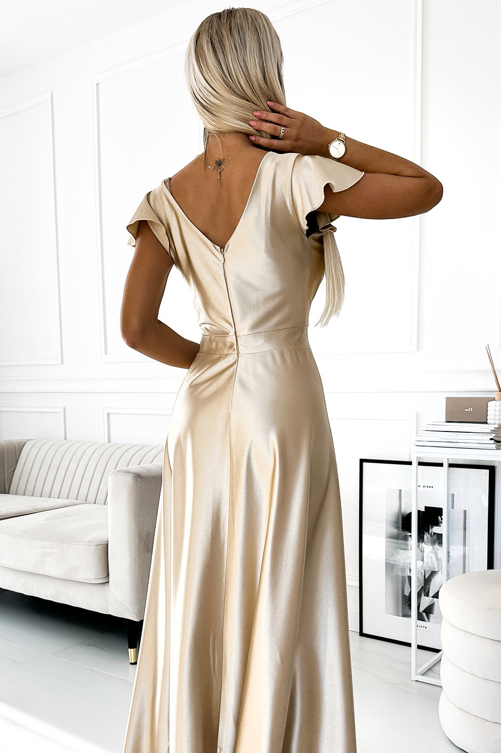 CRYSTAL satin long dress with a neckline - gold