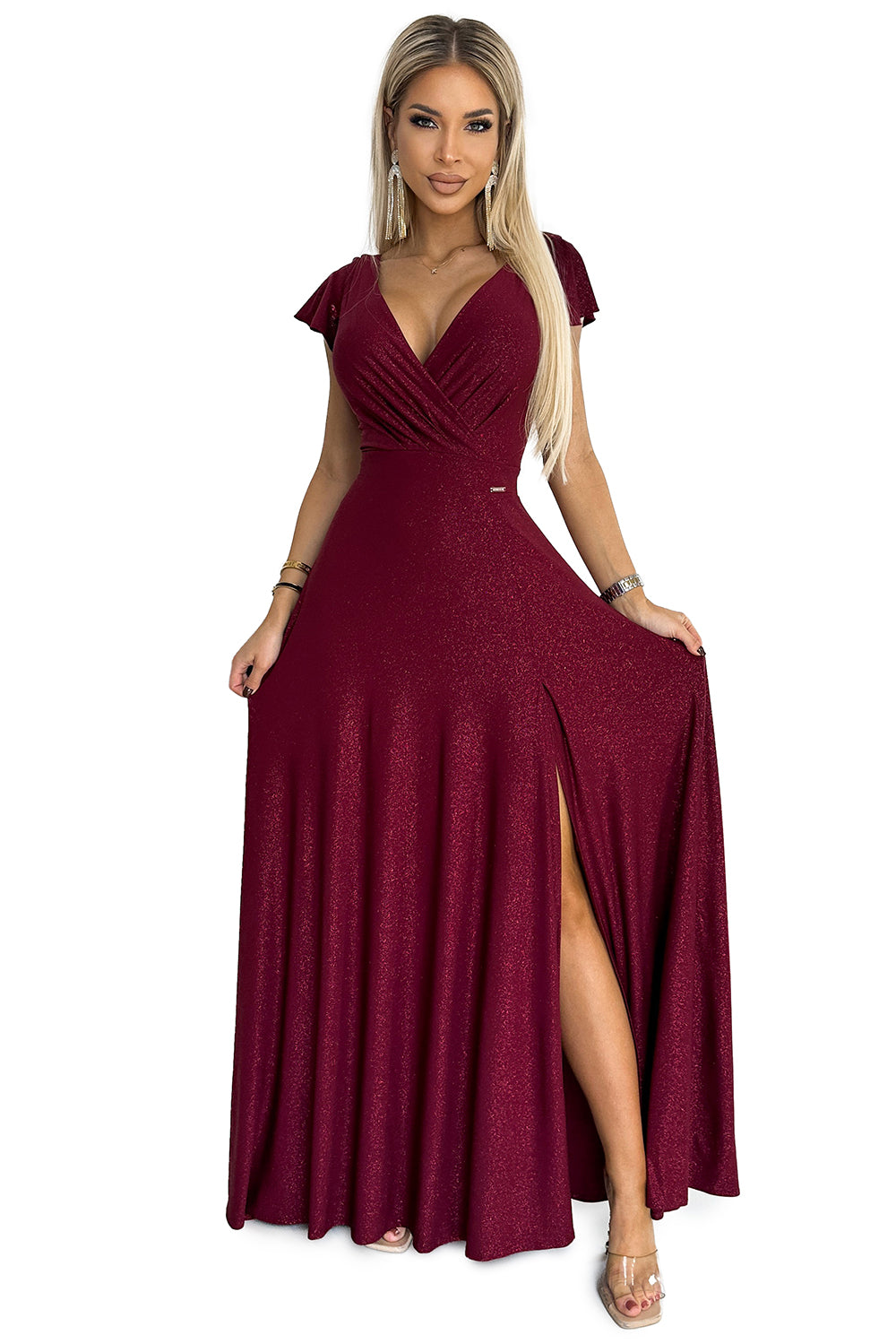 CRYSTAL long shimmering dress with a neckline - Burgundy color