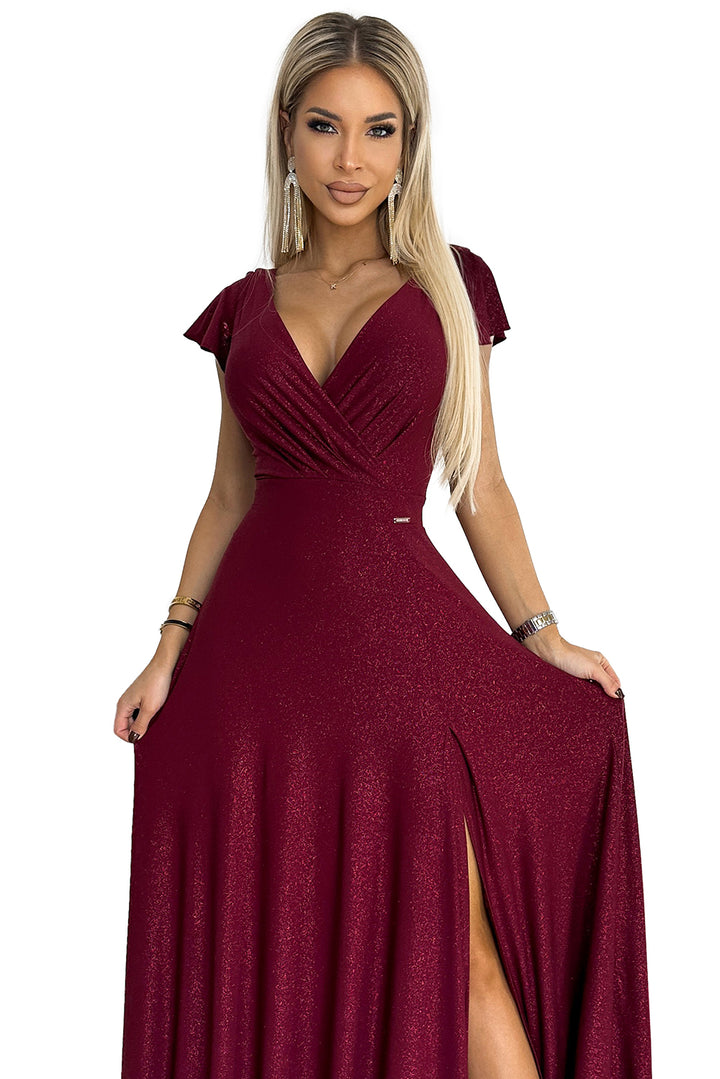 CRYSTAL long shimmering dress with a neckline - Burgundy color