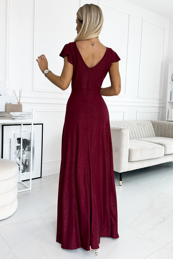 CRYSTAL long shimmering dress with a neckline - Burgundy color