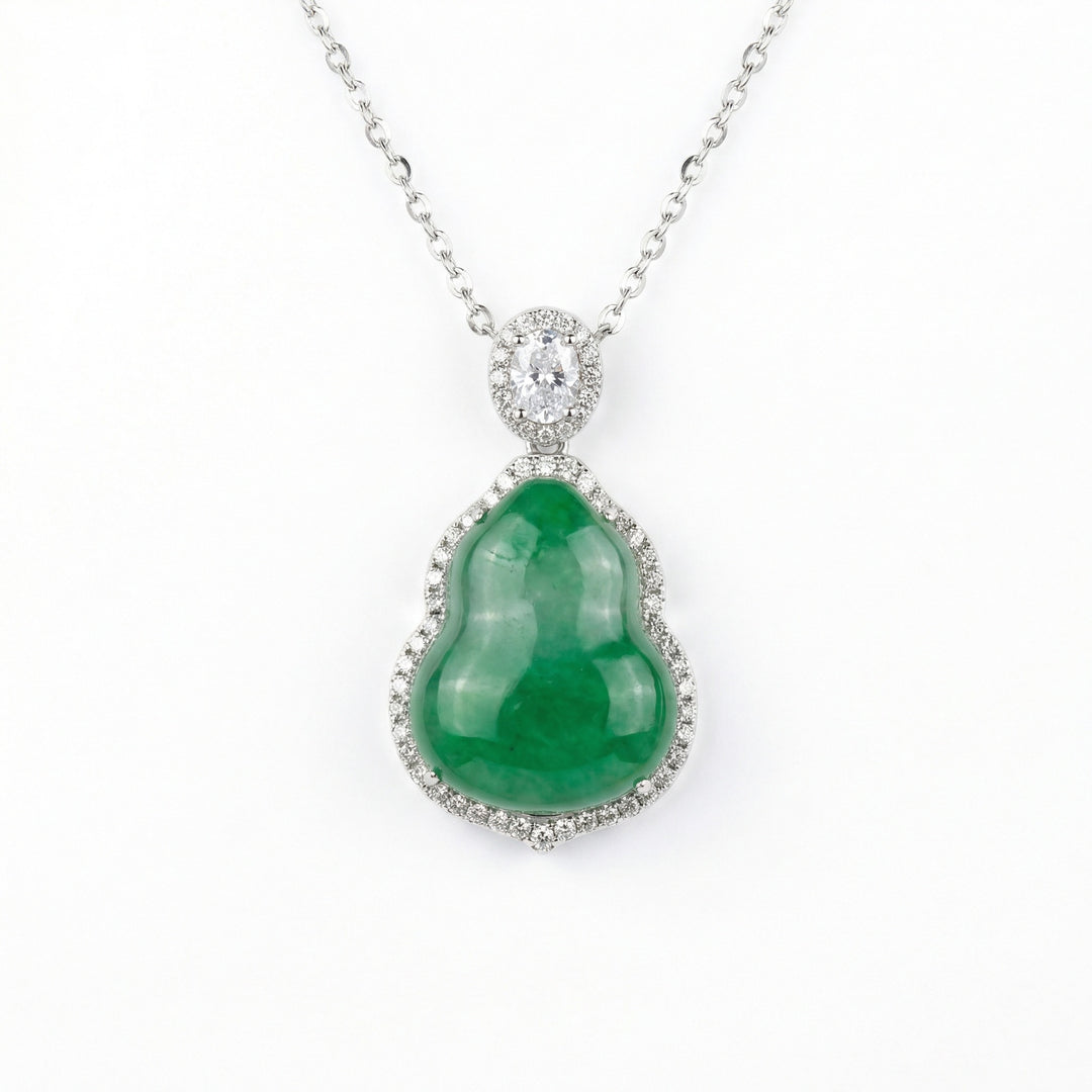 925 Sterling Silver Green Jadeite Hulu Pendant Necklace – Elegant Gemstone Halo Design