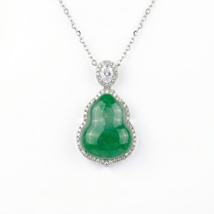 925 Sterling Silver Green Jadeite Hulu Pendant Necklace – Elegant Gemstone Halo Design