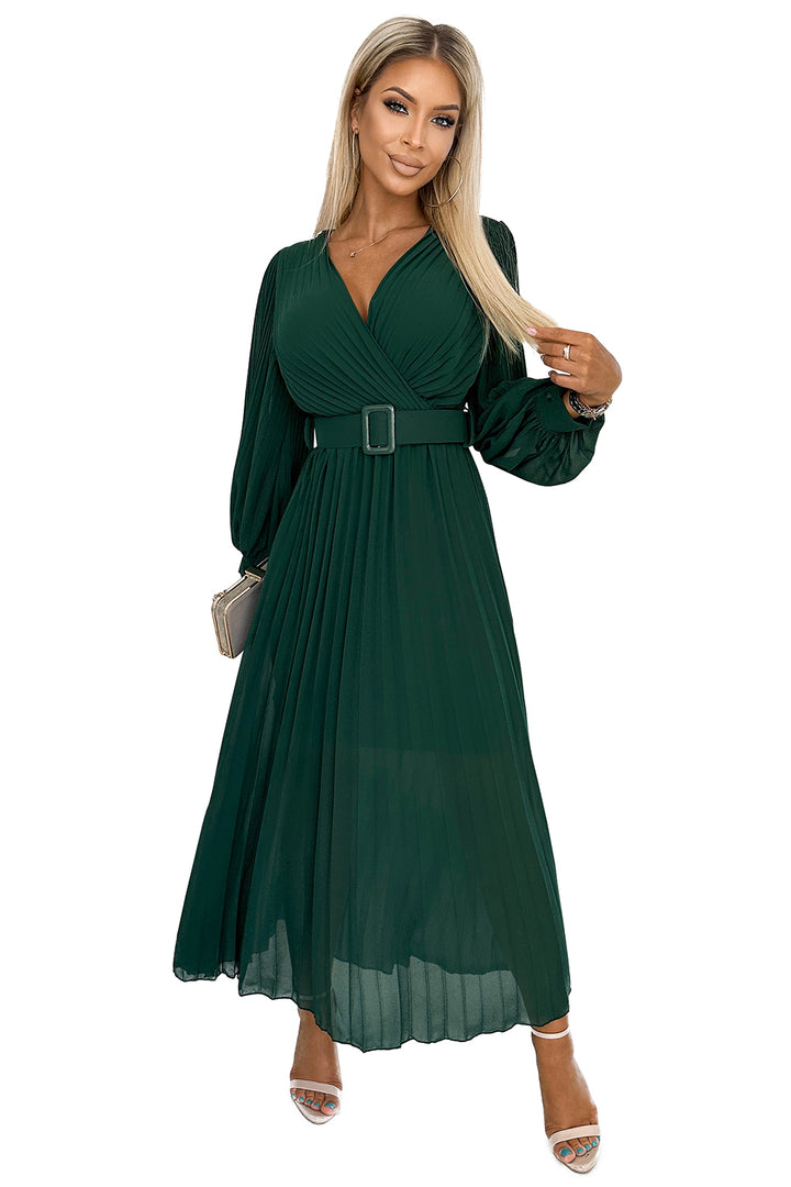 KLARA pleated dress with a belt and a neckline - bottle green