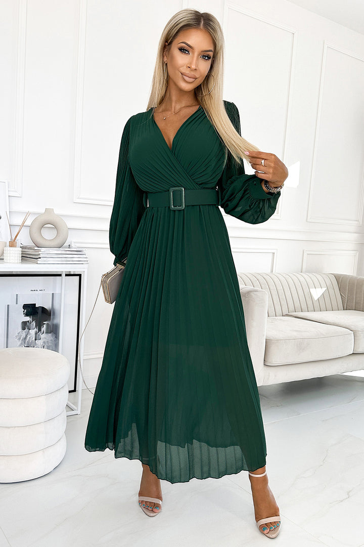 KLARA pleated dress with a belt and a neckline - bottle green