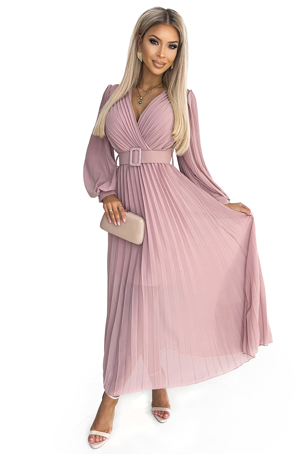 KLARA pleated dress with a belt and a neckline - powder pink