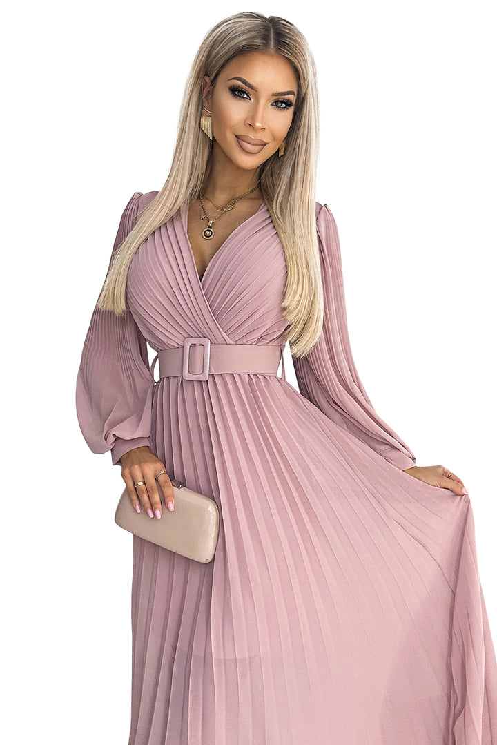 KLARA pleated dress with a belt and a neckline - powder pink