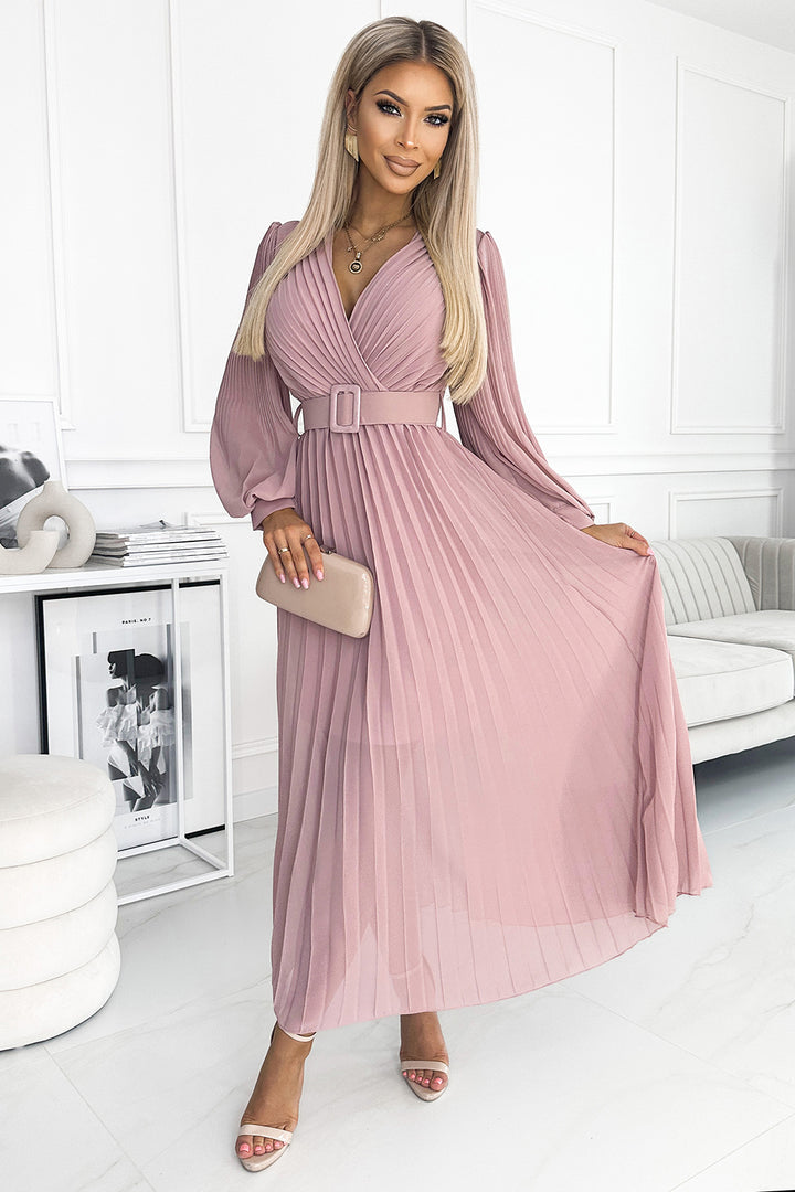 KLARA pleated dress with a belt and a neckline - powder pink