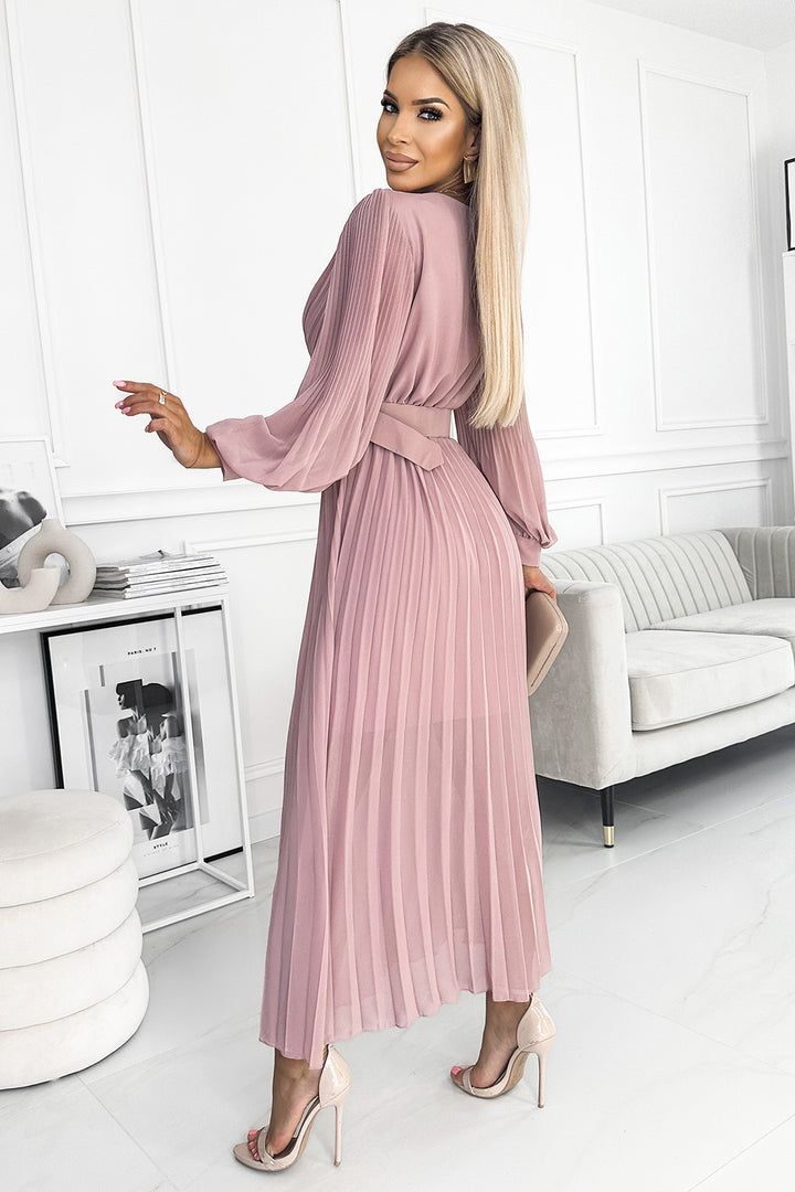 KLARA pleated dress with a belt and a neckline - powder pink