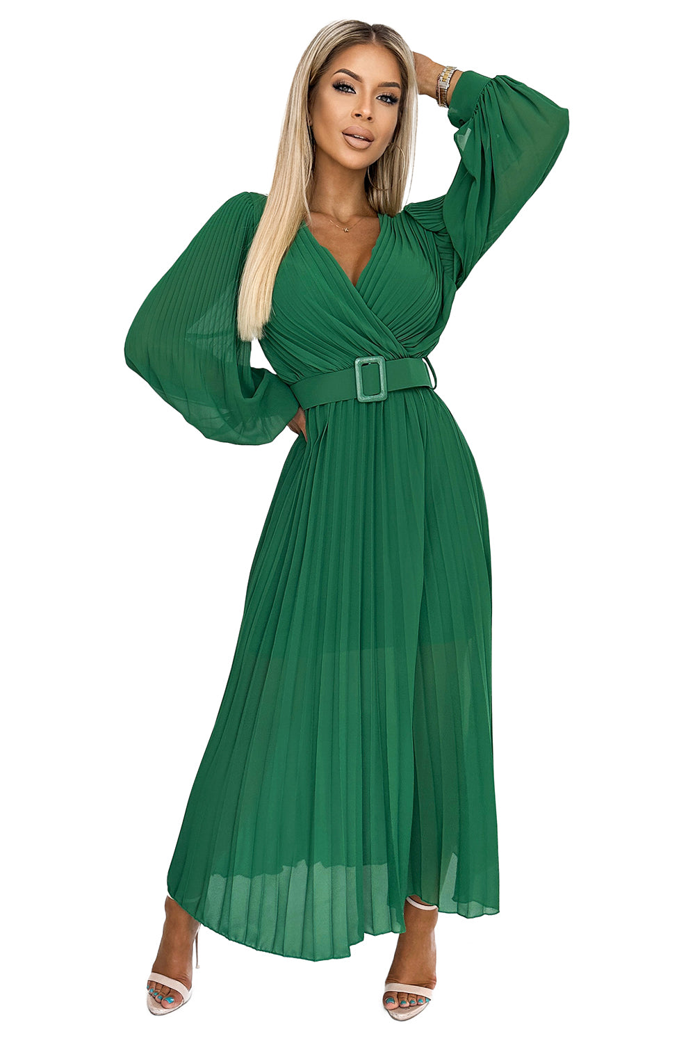 KLARA pleated dress with a belt and a neckline - green