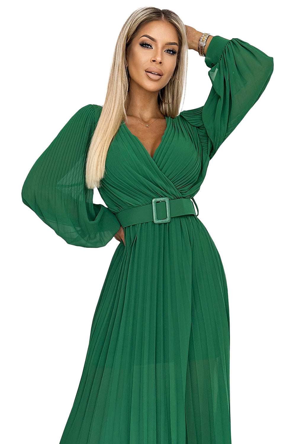 KLARA pleated dress with a belt and a neckline - green