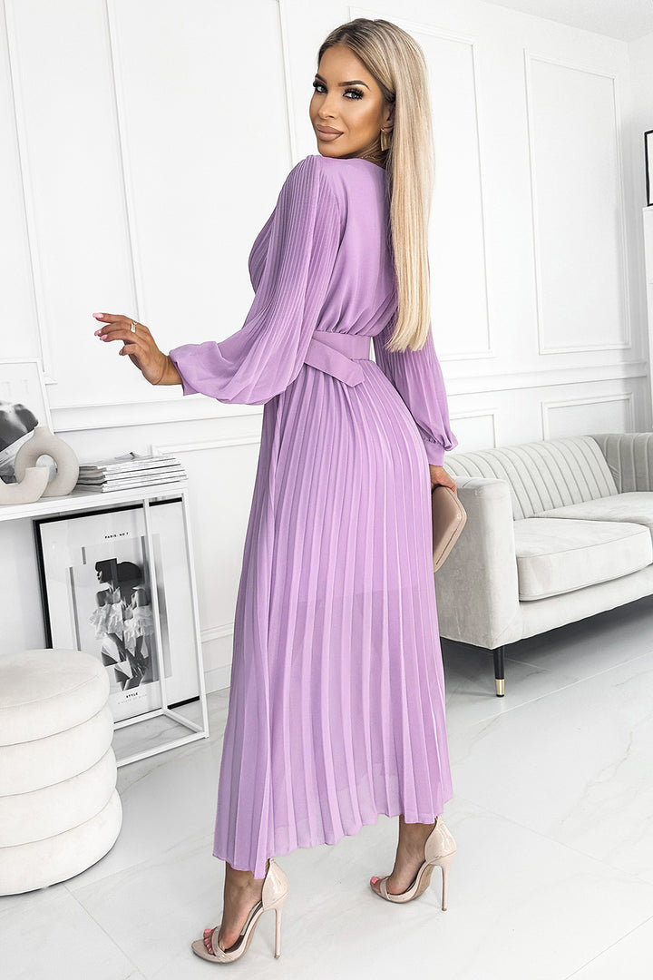 KLARA pleated dress with a belt and a neckline - lilac color