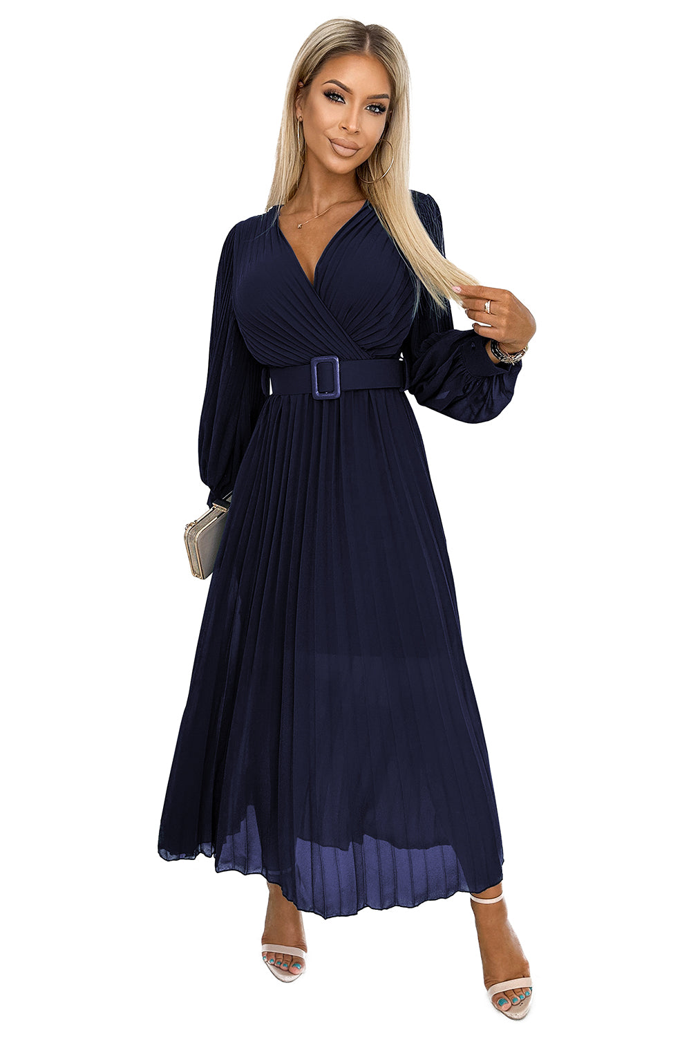 KLARA pleated dress with a belt and a neckline - navy blue