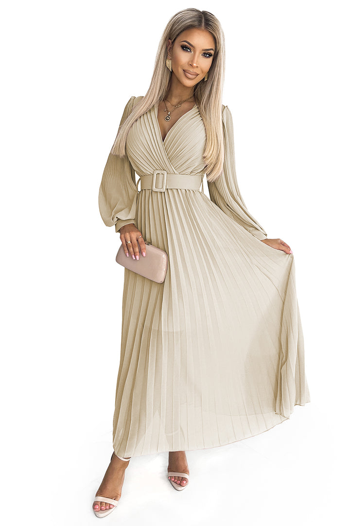 KLARA pleated dress with a belt and a neckline - beige