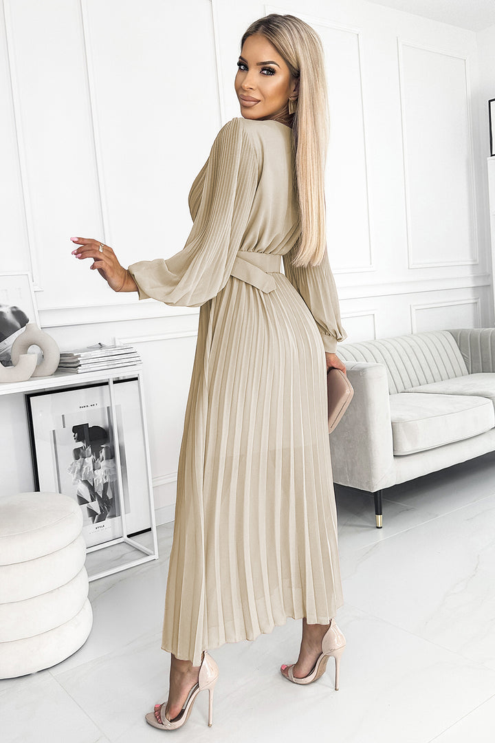 KLARA pleated dress with a belt and a neckline - beige