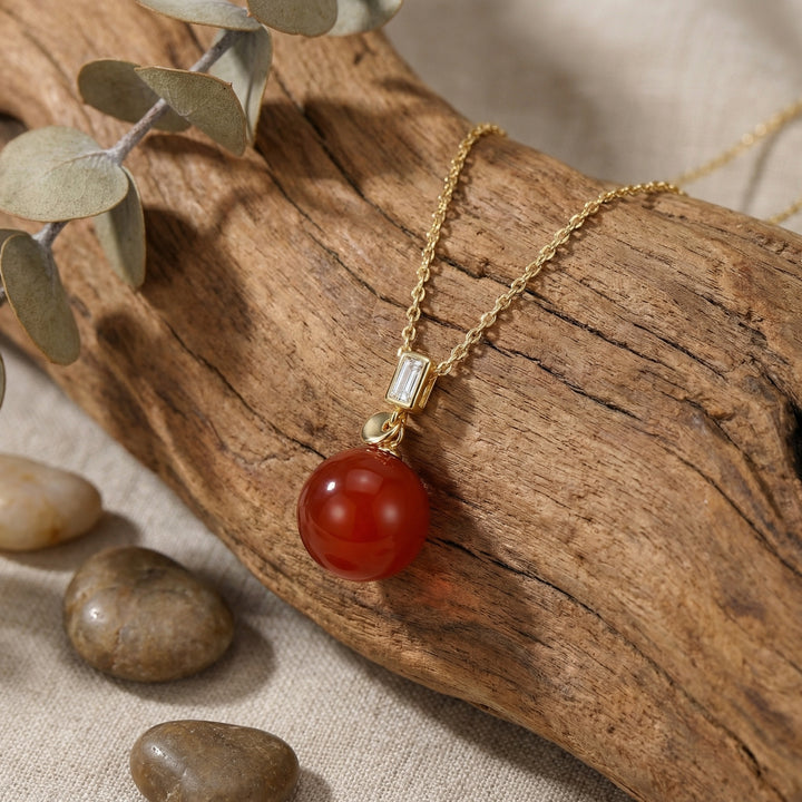 925 Sterling Silver Vibrant Red Gemstone Orb Necklace with Elegant Baguette Cut Accent